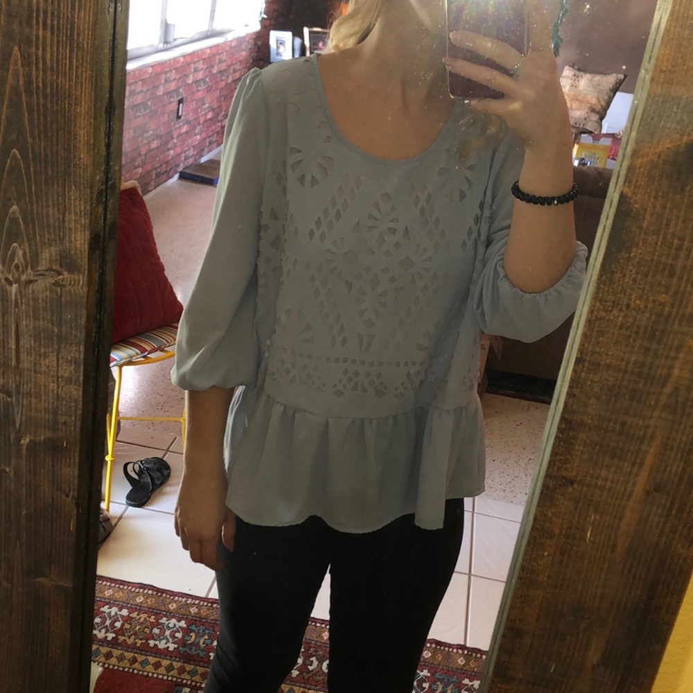 Light blue 3/4 sleeve with cutouts on top layer